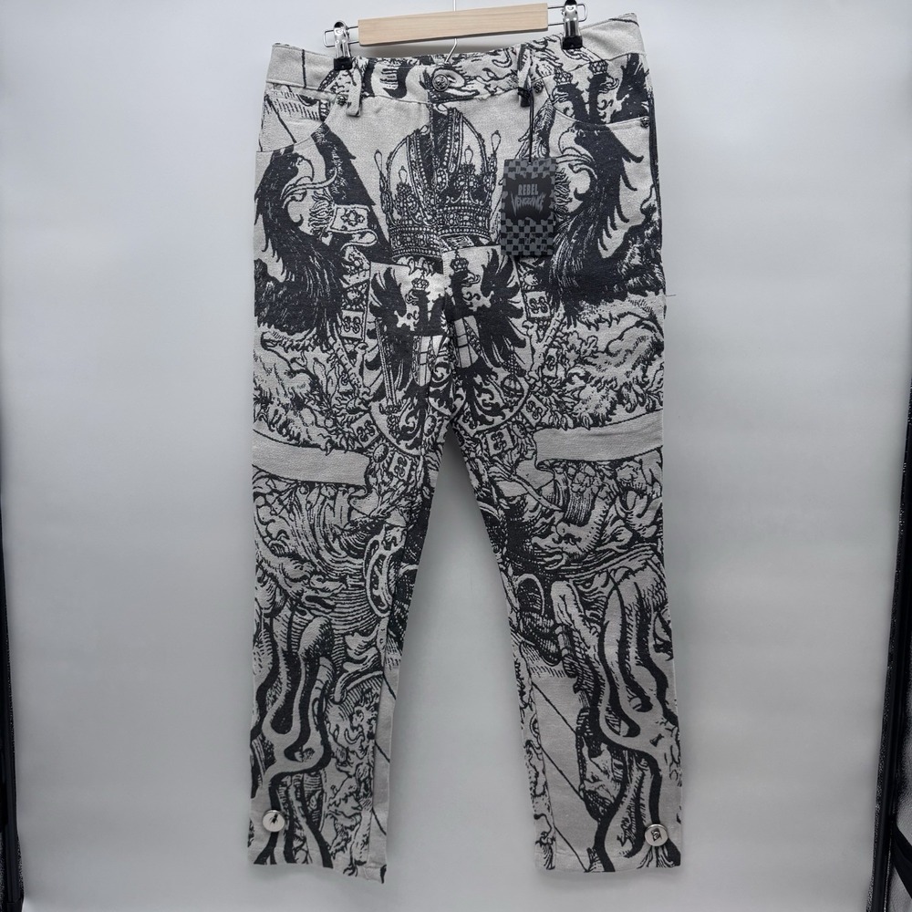 Rebel Vengeance Tapestry Jeans Sz 32 Gothic Crown Eagle Baroque Wide Leg